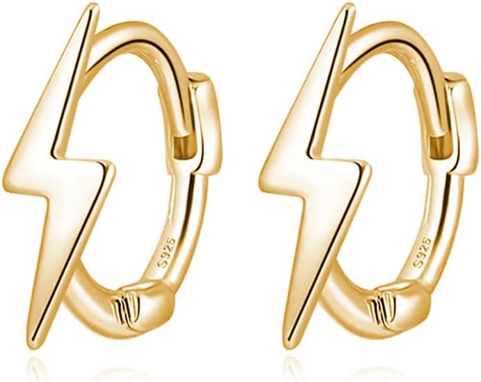 Reffeer Solid 925 Sterling Silver Lightning Bolt Hoop Earrings for Women Teen Girls Lightning Hoop Earrings Cartilage Huggie Earrings