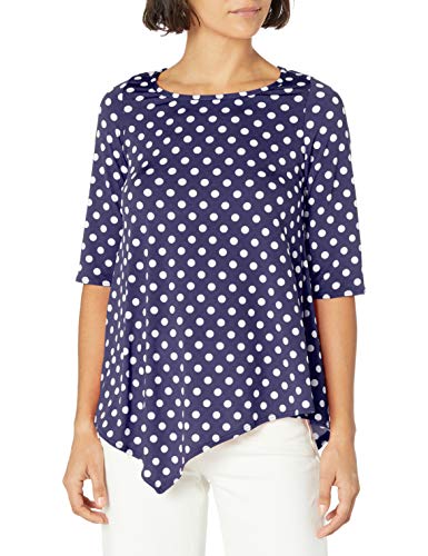 Star Vixen Women's Plus-Size Short Sleeve Stretch Ity Top with Keyhole Cutout Back and Shirttail Hem, Navy/White Dot, 1X