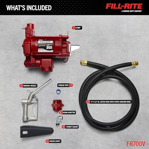 Image of Fill-Rite FR700V 115V 20 GPM Fuel Transfer Pump with Discharge Hose & Manual Nozzle | For Gasoline, Diesel, Kerosene, Ethanol Blends, Methanol Blends & Biodiesel up to B20