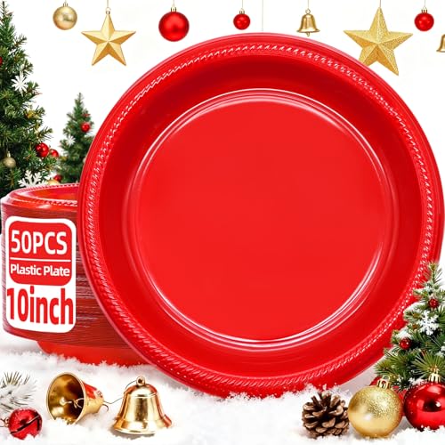 BONSINY Red Plastic Plates Disposable 10 inch | 50 PCS Red Disposable Plates for Party, Picnic, Birthday, Christmas BONSINY Red Plastic Plates Disposable 10 inch | 50 PCS Red Disposable Plates for Party, Picnic, Birthday, Christmas