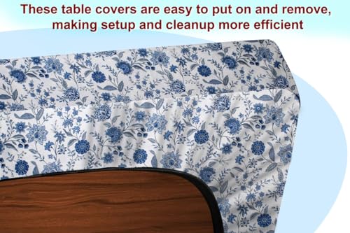 Image of The Furnishing Tree Elastic Cotton Square Dining Table Cover 48x48 in Inches Floral Blue on White Base