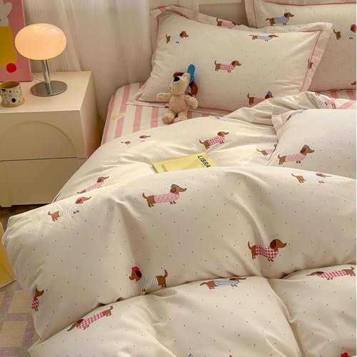 Covebett Dackel Bettwäsche 135x200 Rosa Gestreift mit Dackelmotiv Bettbezug Set 2teilig Weich Microfaser Rosa Streifen Dachshund Hunde Mädchen Deckenbezug und Kissenbezug 80x80 mit Reißverschluss