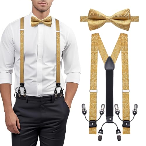Image of YOHOWA Men Suspenders 6 Clips Strength Adjustable Y Braces Pre-Tied Bow Tie Set Formal Wedding Party