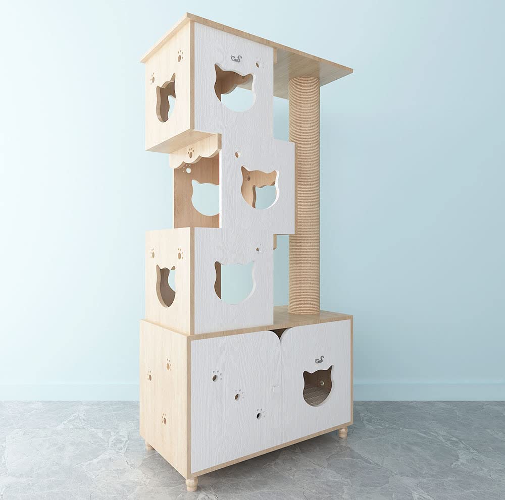 CatS Design 2 w 1 drapak i kuweta dla kota dąb biały duże koty stabilne/w zestawie szafka na kuwetę