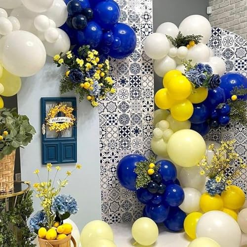 Image of Blue and Yellow Balloons Set, 50Pcs 12 Inch Royal White Confetti Latex Balloons for Wedding Anniversary Baby Shower Birthday Party Decorations