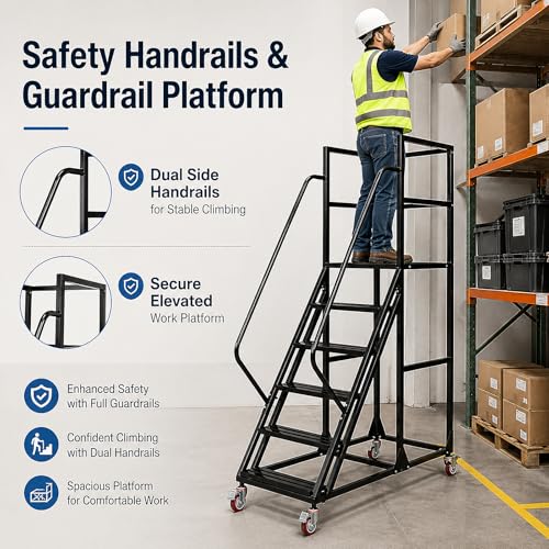 Image of 6 Step Rolling Ladder with Handrails, 1100 lbs Capacity Heavy Duty Mobile Warehouse Ladder with Wheels, Industrial Steel Non-Slip Rolling Stairs with Large Platform, for Garage Stockroom Library