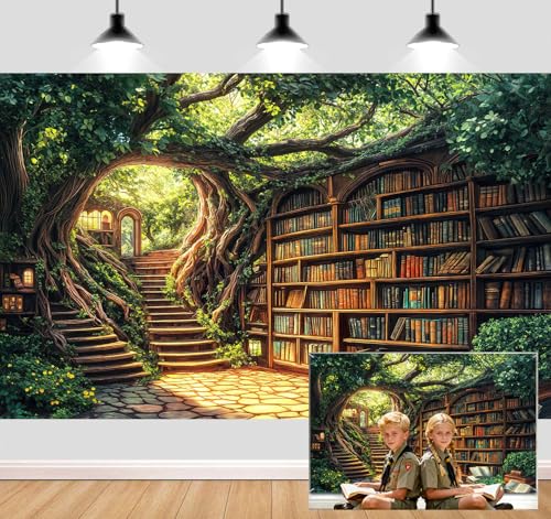 12X10ft Forest Fairy Enchanted Library Backdrop Magical Woodland Bookshelf Green