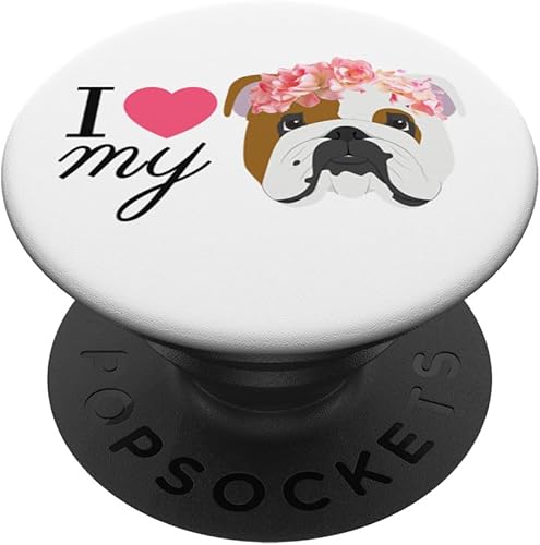 Miniatura 1 de I Love My Bulldog Inglés popsocket agarre y soporte para teléfonos y tabletas, Negro
