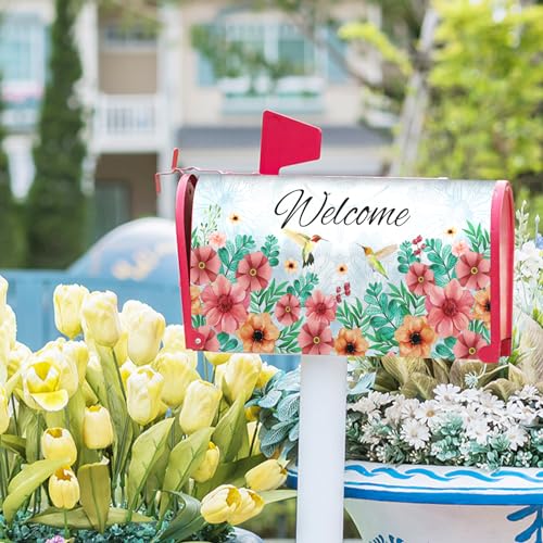 Image of Spring Summer Hummingbirds Magnetic Mailbox Covers Summer Blooming Flowers Welcome Mailbox Wraps Standard Size 21 inch x 18 inch inch Spring Decor Post Letter Box for Home Garden Yard