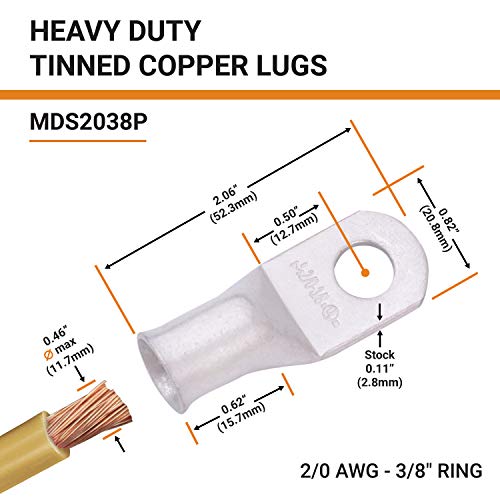 Selterm 25Pcs 2/0 Awg 3/8" Stud Marine Grade Tinned Copper Battery Cable Lugs, 00 Gauge Ring Terminals, Ul Wire Lugs Electrical Battery Cable Ends, Tinned Copper Lugs Battery Terminal Connectors #TOP1