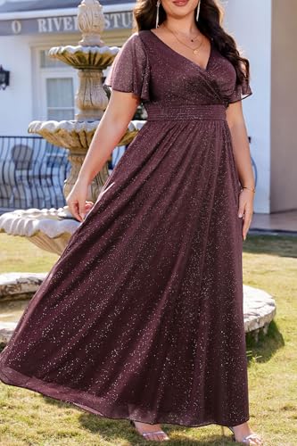 Image of Talisea Plus Size Formal Dresses - V Neck Flutter Sleeve Glitter Prom Evening Gowns Wedding Guest Chiffon Long Maxi Dress
