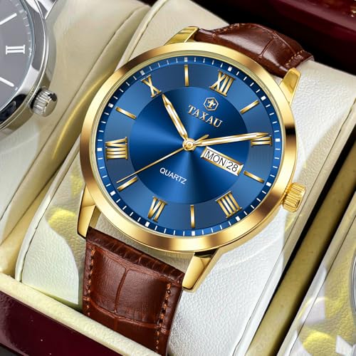 Taxau Watches for Men Brown Leather Watch Blue Face Mens Waterproof Watches Luxury Dress Mens Analog Watch with Day Date Large Number Easy to Read reloj Elegante para Hombre — view 2