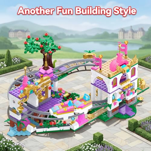 Leyic 2 in 1 Castle Roller Coaster Building Set, 749 Pcs STEM Amusement Park Construction Kit for Kids, Pink Playground Blocks Birthday Gift Toys for Girls Ages 6 8-12 - Image 3