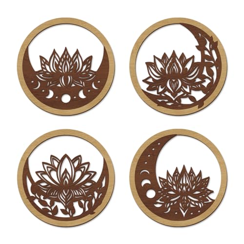 TOARTi 4PCS Buddha Brown Lotus Wooden Wall Art Vintage Mandala