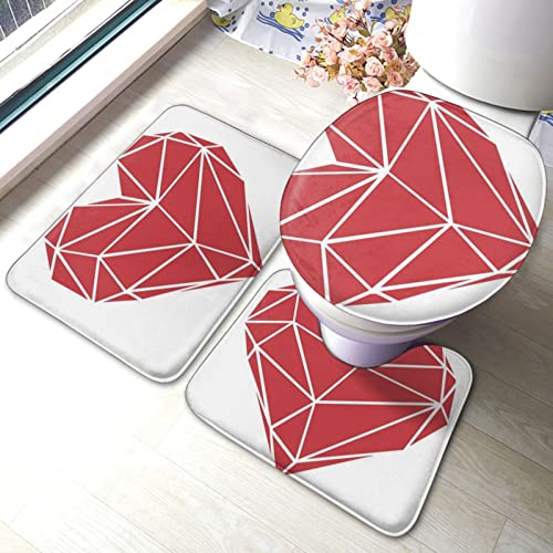 DIRYKILP Badematte + Konturmatte + Toilettendeckelbezug, Geometrische Diamant Herz 3 Stück Badematten Set, mit rutschfester Klebeunterseite