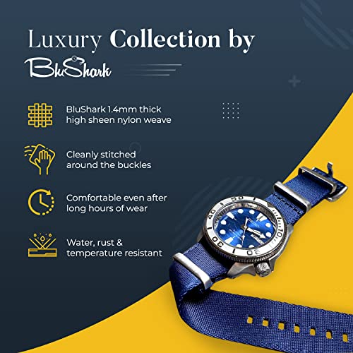 Blushark - Alphashark Luxury Seat Belt Nylon Watch Strap - Stainless Steel Buckle Multiple Sizes Style Replacement Band Straps For Men’s, Waterproof One-Piece 20Mm Black #TOP4