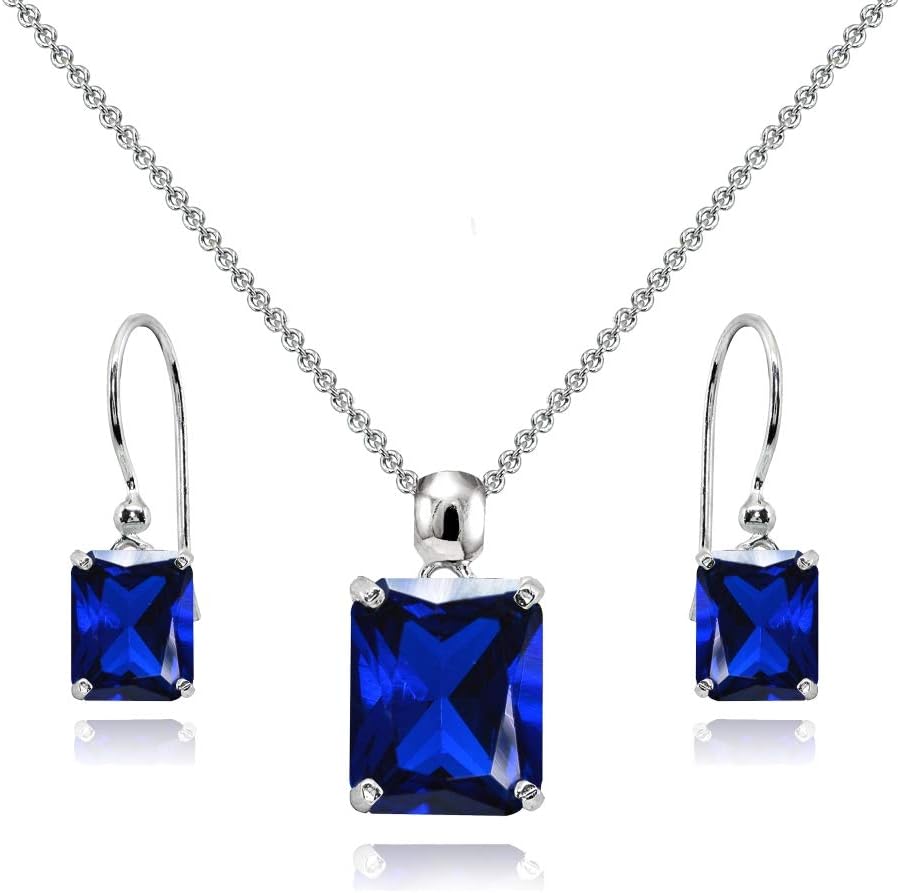 B. BRILLIANT Sterling Silver Genuine or Synthetic Gemstone Octagon-Cut Solitaire Drop Dangle Earrings & Necklace Jewelry Set for Women with Gift Box