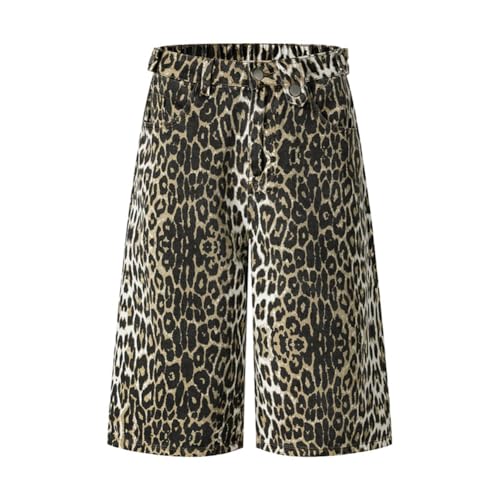 Hip Hop Streetwear Leopard Print Jeans Men Summer Cropped Jeans Vintage Leopard Denim Pants Male