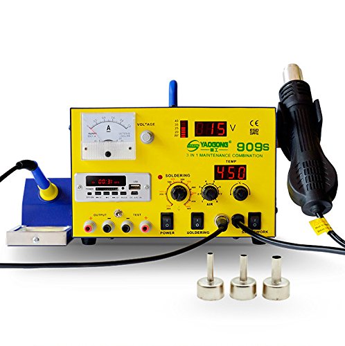 YAOGONG 909S Hot Air SMD Rework Soldering Iron Station 3 IN 1 DC Power Supply 15V 1A Music Player USB(Warranty)