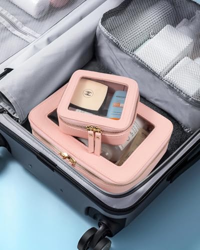 Image of LETGO Clear Makeup Bag Mahjong Tile Bag with Zipper and Handle| Structured Large Travel Makeup Bag for Toiletries for Women,Travel Cosmetic Case,Waterproof PU Leather,Wide Opening