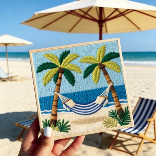 Image of BEUNITONE 2Set Punch Needle Kits with Beach Pre-Print Pattern Easy for Adults Beginners, DIY Craft Embroidery Needlepoint Kits, Punch Needle Set for Craft Lovers Home Decor Festival Gift 9.4x9.4 inch