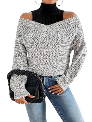 GORGLITTER Women's Cold Shoulder Long Sleeve Oversized Patchwork Sweater Trendy High Neck Fall Cozy Chunky Sweater Top