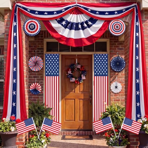 14 Pcs 4th of July Porch Decorations Patriotic Bunting Outdoor Hanging Decor with Red White Blue Paper Fans American Flags Door Banners Garland for 250th Anniversary Veterans Day Outdoor Porch Decor