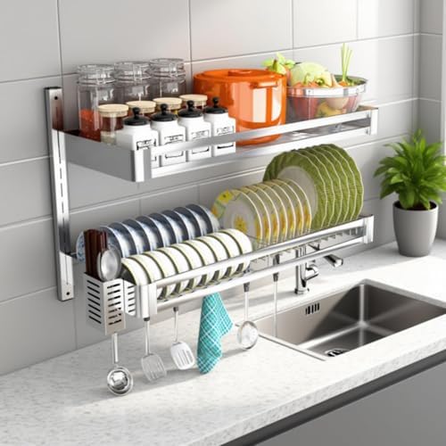 Adjustable 2-Tier Wall-Mounted Dish Drying Rack - Over Sink Kitchen Organizer with Drain Tray, Bowl Holder & Shelf (23.6x11.8x19.7 in) - Space-Saving Storage Solution