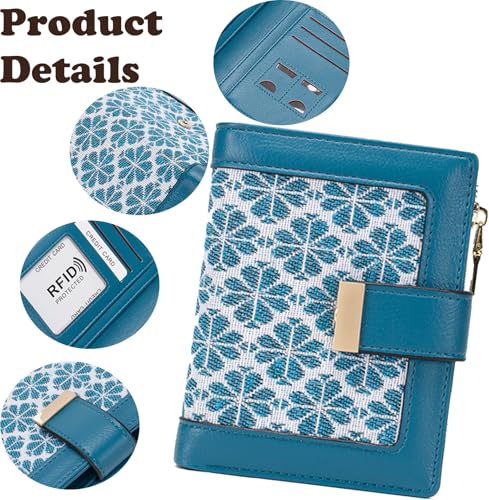 Blue RFID Blocking Wallet for Women Small Leather Coin Purse with Flower Design Minimalist Credit Card Holder and ID Window Cute Travel Cash Wallet for Women2
