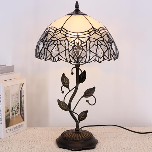 Image of 12 Inch Tiffany Stained Glass Lamp Shade Replacement Only (White) | Stained Glass Style Lampshade with Cap fit for Table lamp Pendant Light Ceiling Fixture