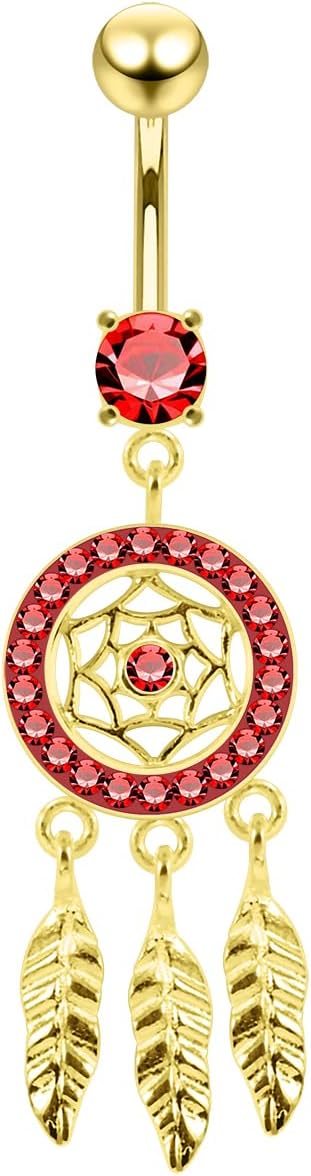Multi Crystal Gemstones Gold Plated Mini Dream Catcher Dangling Design 925 Sterling Silver with Stainless Steel Belly Ring - Belly Button jewelry - Navel jewelry
