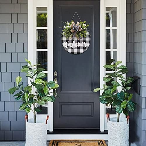 Spring Wreath For Front Door,Black And White Buffalo Plaid Kitchen Decor W/ Light,Welcome Sign For Front Door,Buffalo Check Spring Summer Decor,Farmhouse Wall Decor,Housewarming Gift,Porch Wooden Door Hanging Decor-12Inch #TOP1