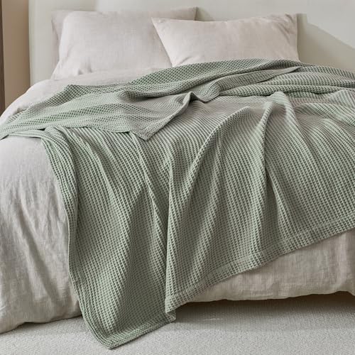 100% Cotton Blanket for Full Queen Size Bed - Green Waffle Weave Lightweight Summer Bed Blanket - 90x90in Prewashed Breathable, Woven, Layering Blanket (Full/Queen, Eucalyptus) - Thumbnail 2