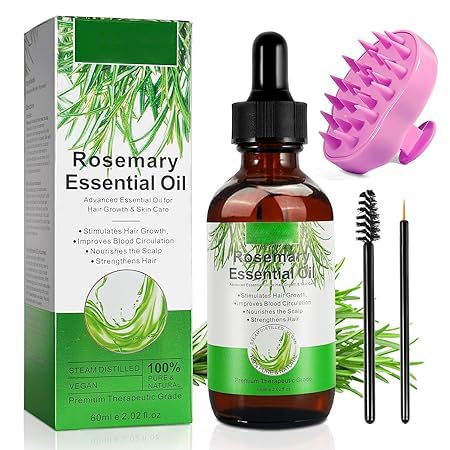 Rosmarinöl für Haarwachstum, mit Silikon Kopfhaut Massagebürste, Bartwuchs, Wimpernpflege und Hautpflege - Natürliches ätherisches Öl mit aroma