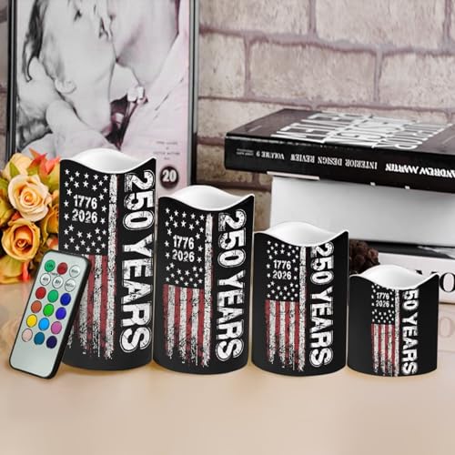 Image of American Flag Battery Operated LED Candles 1776-2026 250th Anniversary Flameless Flickering Remote Independence Day Patriotic Candle Celebratory Decor for Fireplace Porch, 4 Pack