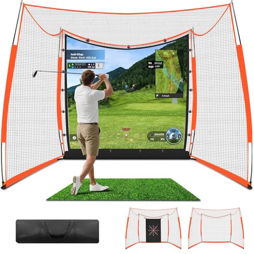 ORIENEGAR Golf Simulator Cage with HD Impact Screen & Target Practice Cloth, 11x8x5 FT, Golf Hitting Net Cage for Indoor Outdoor Home Use, Garage Backyard Practice Cage