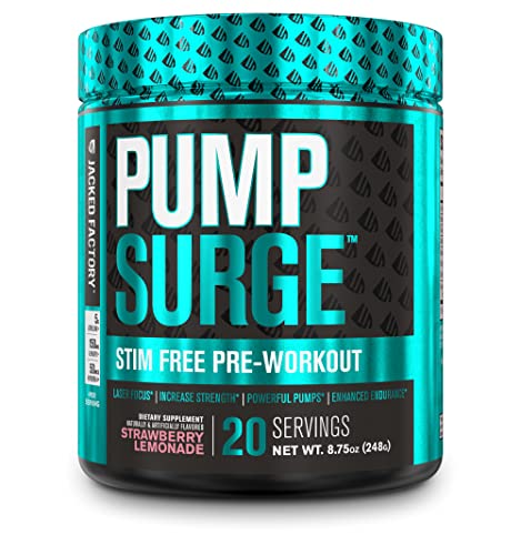 Pumpsurge Caffeine Free Preworkout For Men & Women - Stim Free Pre Workout Powder, Nitric Oxide Pump Pre Workout, & Nootropic Supplement - Intense Pumps, Laser Focus - 20 Servings, Strawberry Lemonade #TOP7