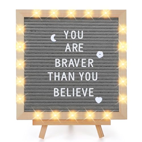 Image of Changeable Felt Letter Board with LED Lights - 10×10" Message Custom Signs & Wood Stand & 450 Letters, Poster Board for Christmas/Pregnancy/Baby Announcement/Classroom Wall Decor Gifts, Grey