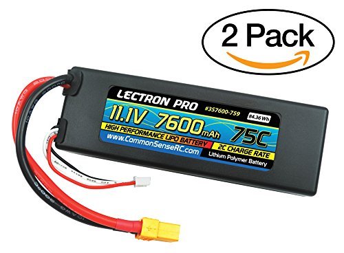 Common Sense RC (2 Pack) Lectron Pro 11.1V 7600mAh 75C Hard Case Lipo Battery with XT90 Connector for 1/10 Scale Cars, Trucks, and Buggies