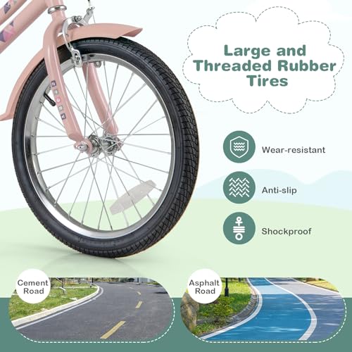 Image of BABY JOY Retro Kids Bike, 12 14 16 18 Inch Child Bike for 3-8 Years Old w /Rattan Basket, Adjustable Height, Training Wheels, Fenders, Handbrake Coaster Brake, 95% Pre-Assembled Kids Bicycle for Girls