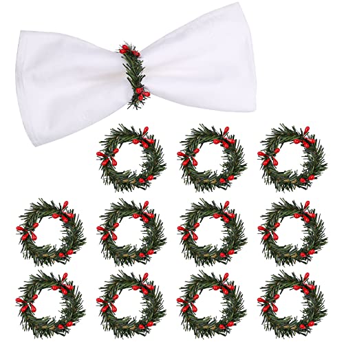 Christmas Napkin Rings Set Of 12, Pine Needles Wreath With Red Berry Napkin Holder For Winter, Family Gathering, Banquet, Xmas Serviette Buckles For Table Setting (Pine Needles&Berry) #TOP11