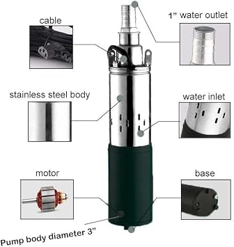 Solar Submersible Well Pump Deep Well Pump Stainless Steel Submersible Pumps DC 12V 200W 1 Outlet Bore Pumps High Lift Pressure Booster Pumps 40M/131ft Agricultural Irrigation Garden Home