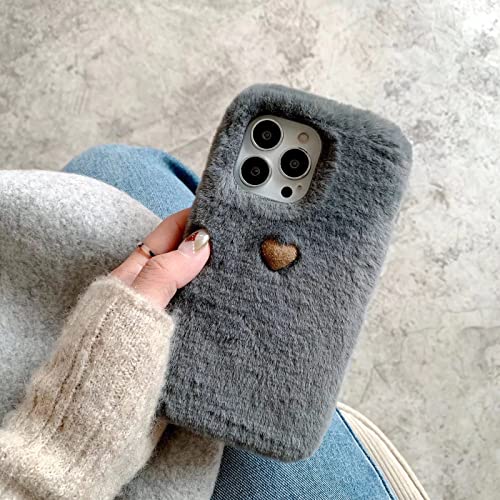 TYWZ Peluche Cover Coque pour iPhone 13,Étui Lapin Mignonne Fausse Fourrure Douce Cœur Housse Hiver Chaud Souple Case-Gris Cover