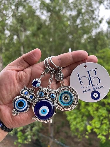 Image of BLUE BEADS Original Blue and Silver Color Evil Eye Keychain For Bike /Car Gifting With Key Ring Anti-Rust (Pack of 3)