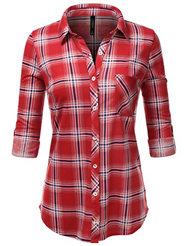 JJ Perfection Womens Long Sleeve Collared Button Down Plaid Flannel Blouse Shirt REDROYAL S