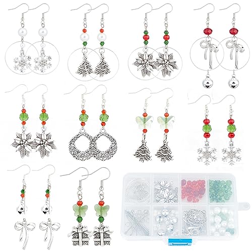 SUNNYCLUE 1 Box DIY 10 works Christmas Charms Red Green Glass Beads Earrings Making Starter Kit Tibetan Style Antique Silver Snowflake Charms Christamas Tree Charms for Jewellery Making Kits Women