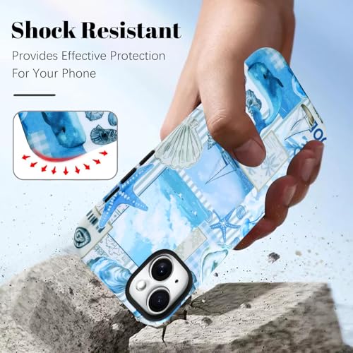 Image of Magnetic for iPhone 15 Plus Case [Compatible with Magsafe] Seashell Ocean Whale Collage Design, Full Body 2 in 1 Shockproof Scratch Resistant Protective Cover for Women Girl