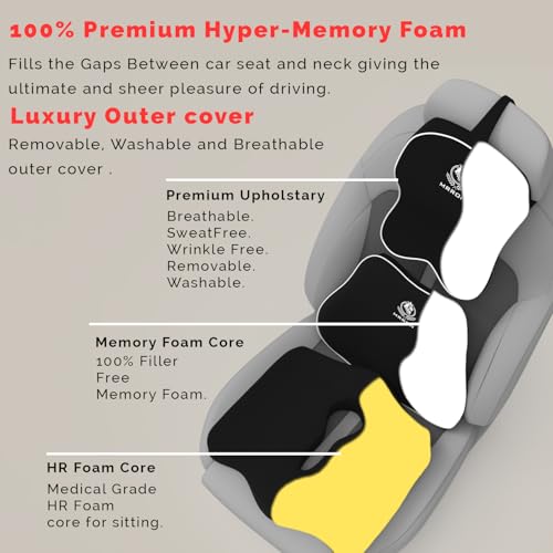 Image of Memory Foam Car Seat Cushion Combo - Backrest, Coccyx Cushion & Neckrest - Orthopedic Support for Back, Tailbone, Sciatica & Neck Pain - Ergonomic Comfort for Car, Office. (Black, Slim Backrest)