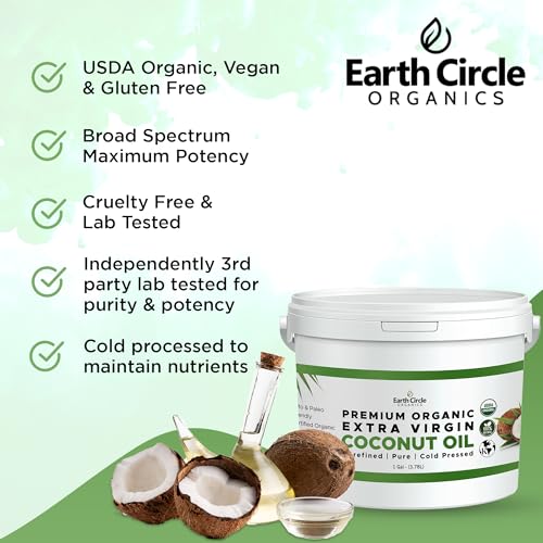 Image of Earth Circle Organics Premium Ultra-Pure Unrefined Cold Pressed Extra Virgin Coconut Oil - Gluten-Free, Keto & Paleo Friendly - Raw Coconut Oil for Skin & Hair Care, Cooking, Baking & More - 1 Gallon