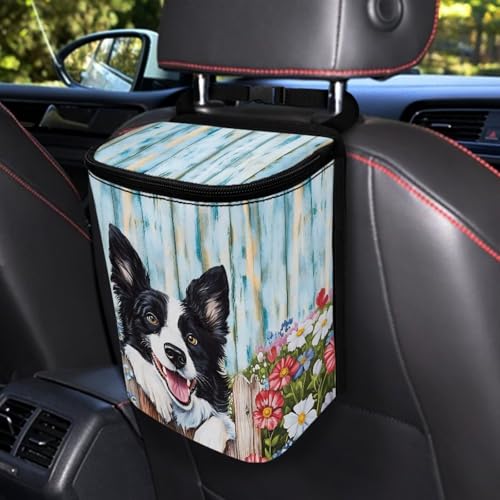 Image of Talayituse Border Collie Daisy Wood Print Car Trash Can with Adjustable Straps, Zip Closure Car Trash Bag Bin Auto Garbage Bag Multipurpose Storage Box for Vehicle Travel Camping Picnicing